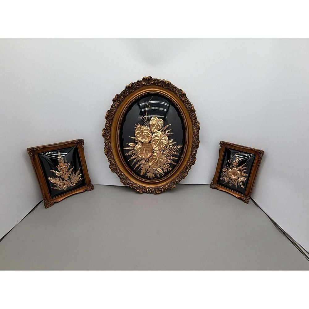 Vintage Rare Saburo Inc Hawaiian Flora 24K Gold Dipped Flowers Baroque Framed Do